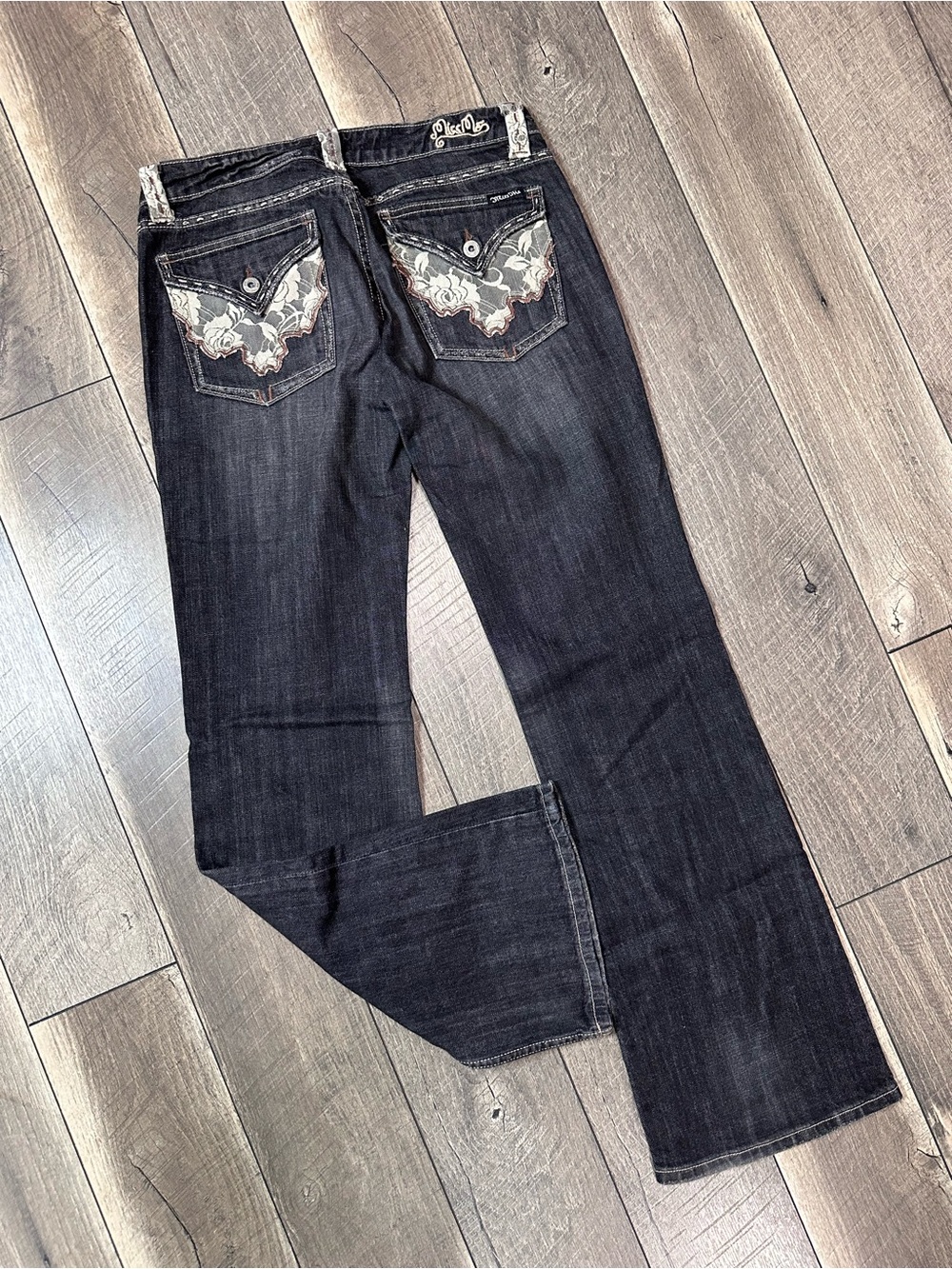 Miss Me Black Wash Lace Trim Low Rise Flare Jeans - Picture 4 of 8